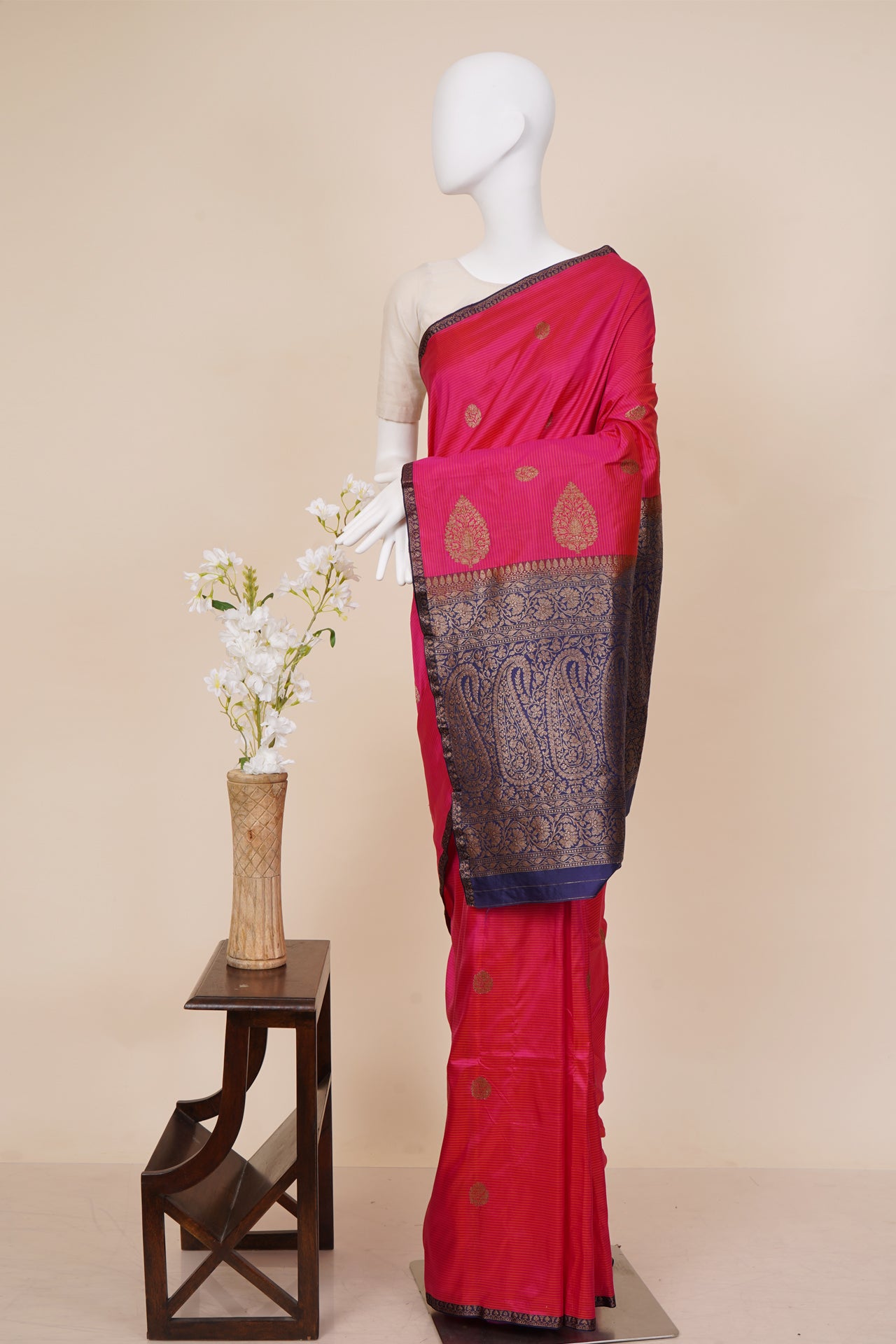 Ruby-Navy Color Handwoven Pure Silk Banarasi Saree With Blouse Piece