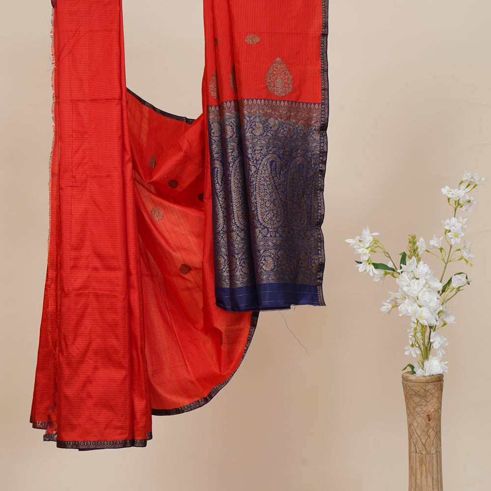 Red-Blue Color Handwoven Pure Silk Banarasi Saree With Blouse Piece