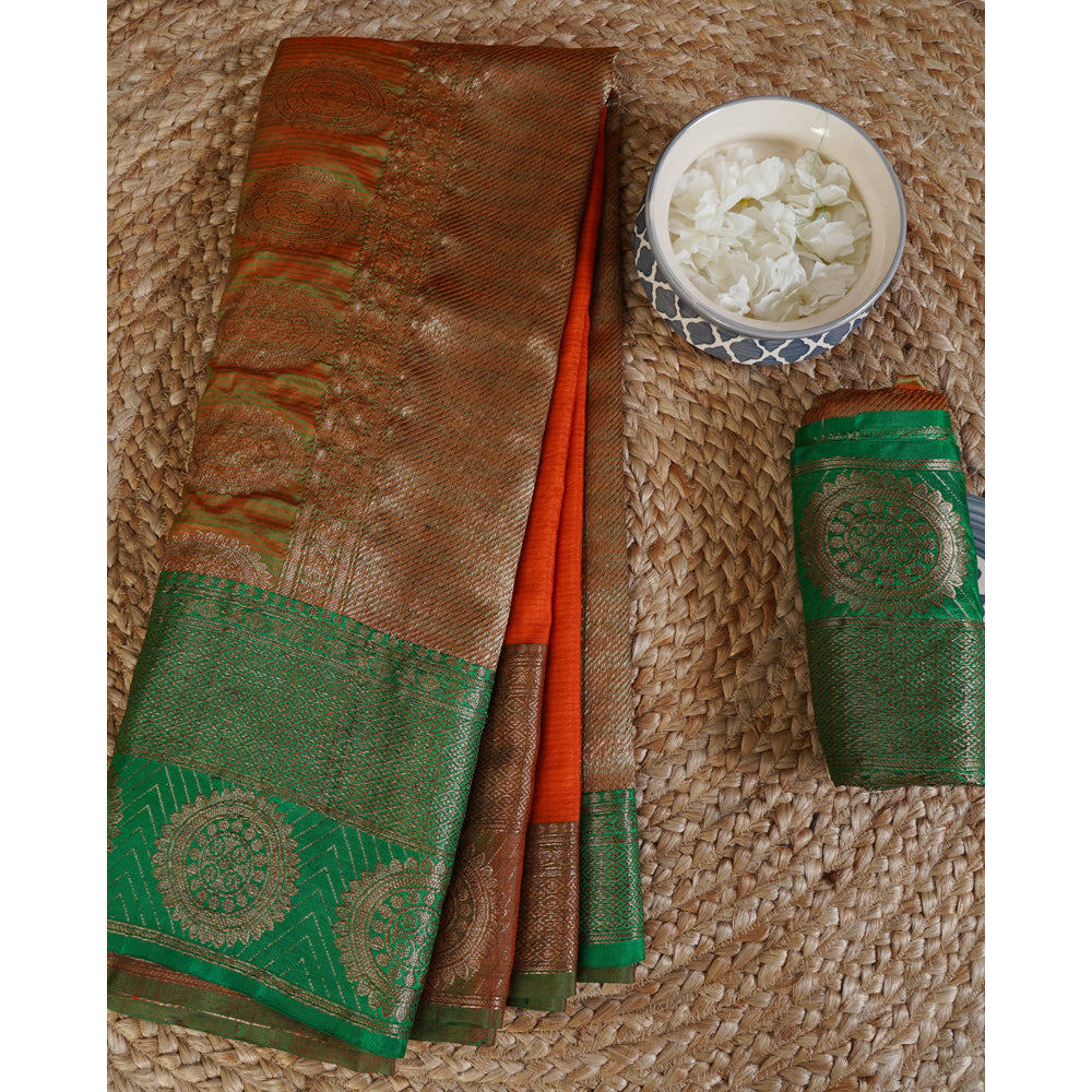 Orange-Golden Color Handwoven Zari Bordered Tussar Silk Saree With Blouse Piece