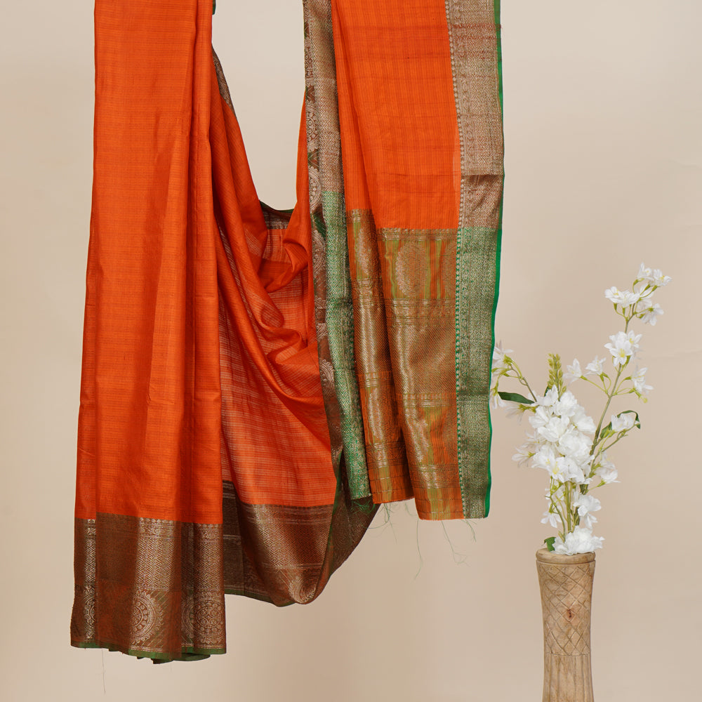 Orange-Golden Color Handwoven Zari Bordered Tussar Silk Saree With Blouse Piece