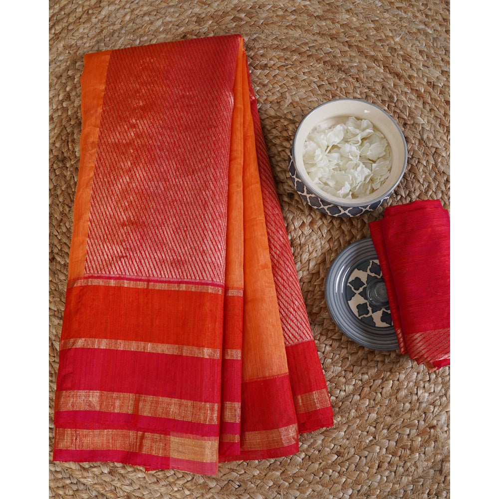 Orange Color Handwoven Zari Bordered Silk Saree With Blouse Piece