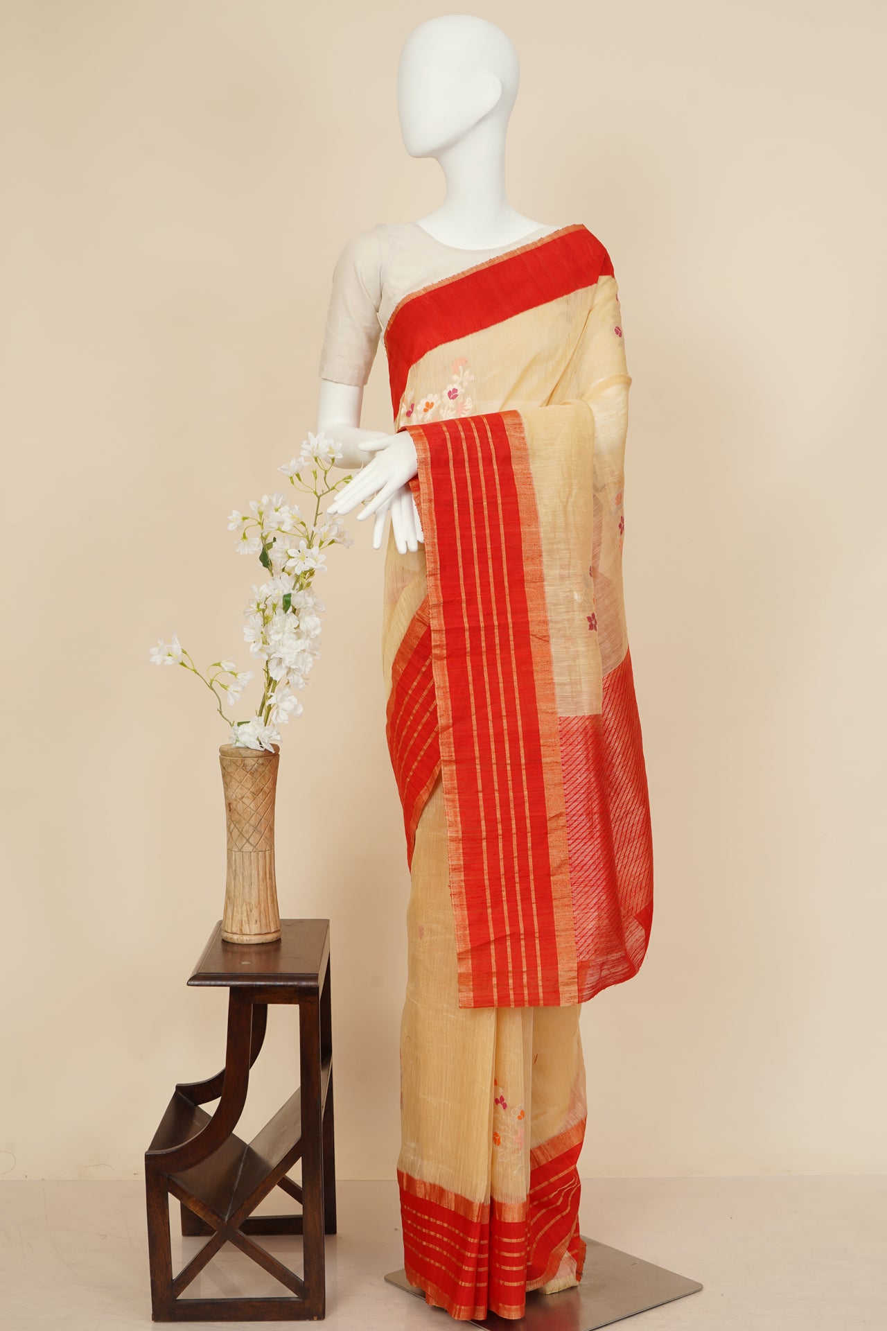 Red-Beige Color Handwoven Zari Bordered Silk Saree with Blouse Piece