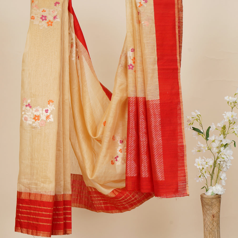 Red-Beige Color Handwoven Zari Bordered Silk Saree with Blouse Piece