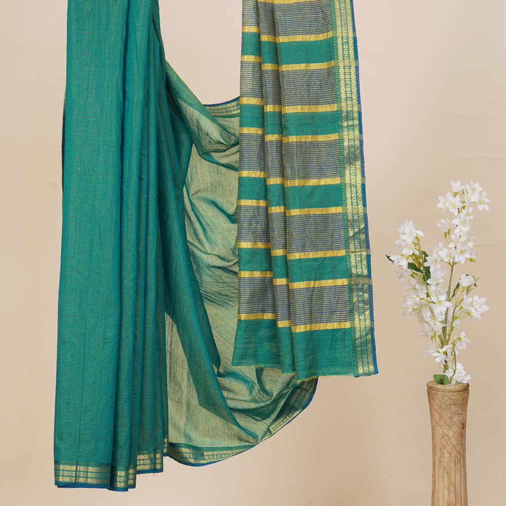 Teal Color Handwoven Maheshwari Saree with Blouse Piece