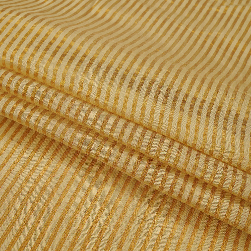 Golden Color Zari Striped Banarasi Silk Cotton Fabric