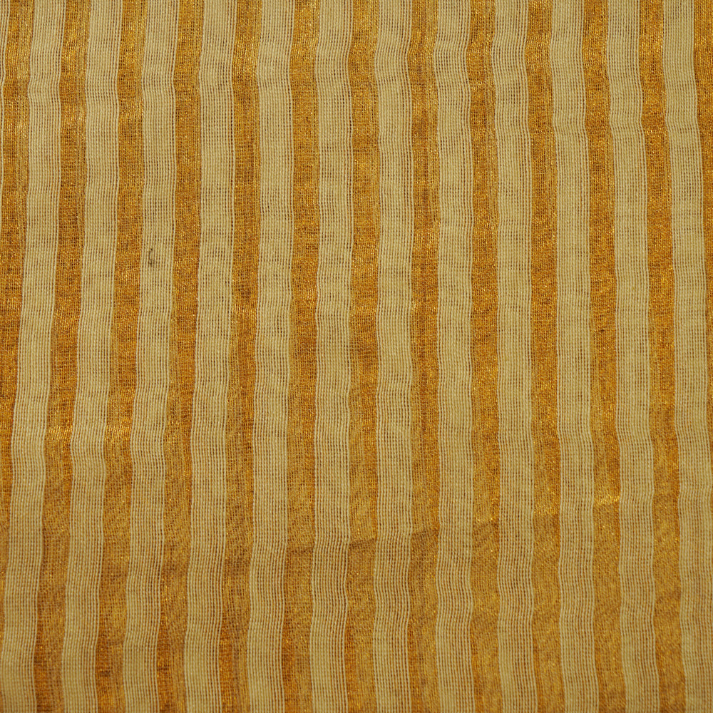 Golden Color Zari Striped Banarasi Silk Cotton Fabric