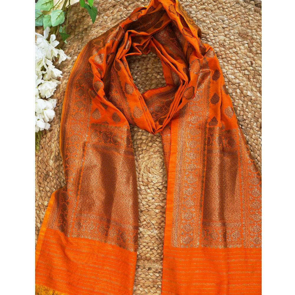 Orange Color Handwoven Brocade Silk DupattaWhite-Golden Color Banarasi Georgette Silk Dupatta