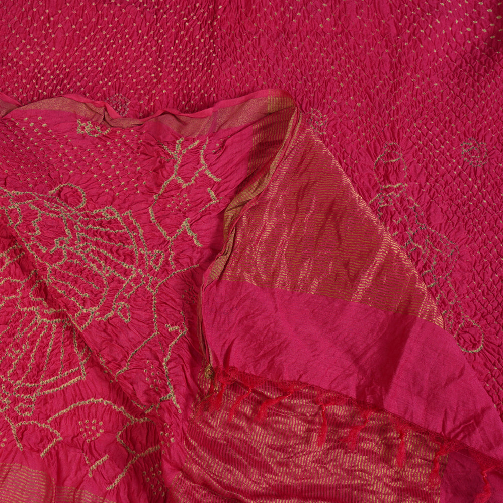 Ruby Pink Color Handcrafted Bandhani Tussar Muga Silk Dupatta