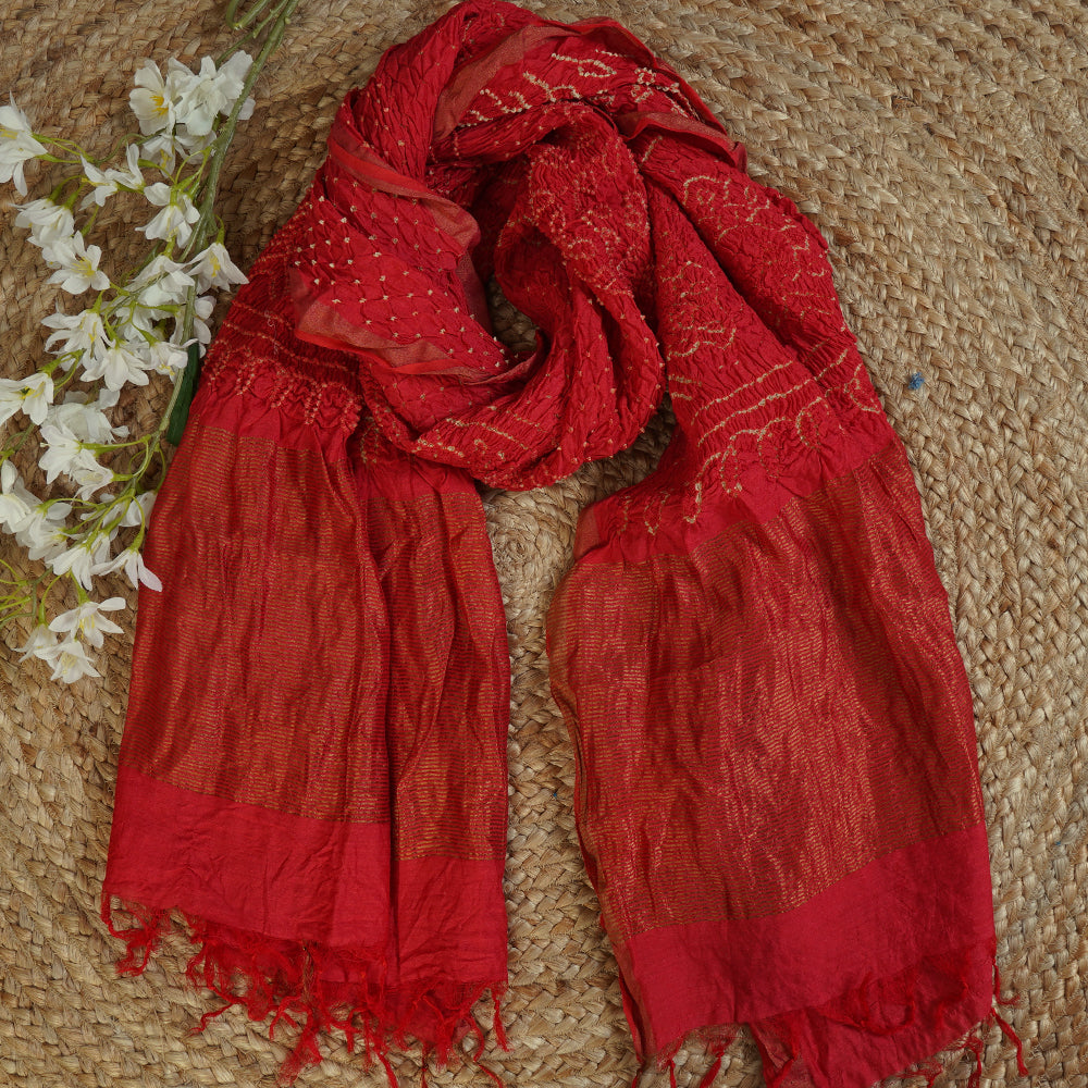 Red Color Handcrafted Bandhani Tussar Muga Silk Dupatta