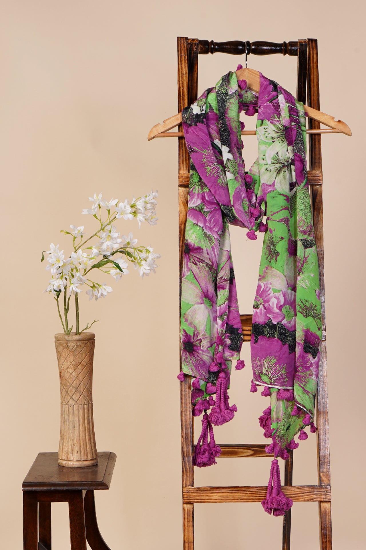 Multi Color Printed Silk Stole with Tassels