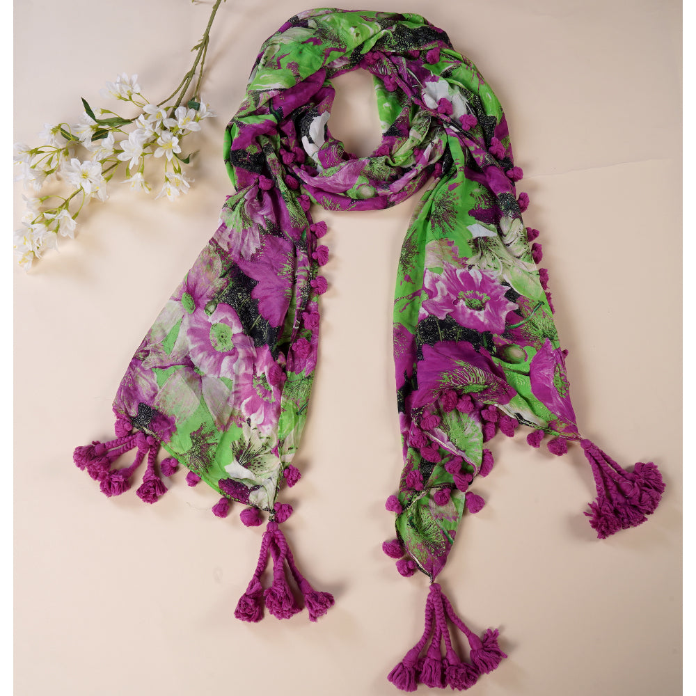 Multi Color Printed Silk Stole with Tassels
