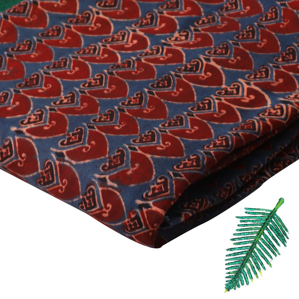 (Pre Cut 2.90 Mtr Piece) Dark Blue-Dark Red Color Handcrafted Ajrak Printed Modal Satin Dobby Fabric