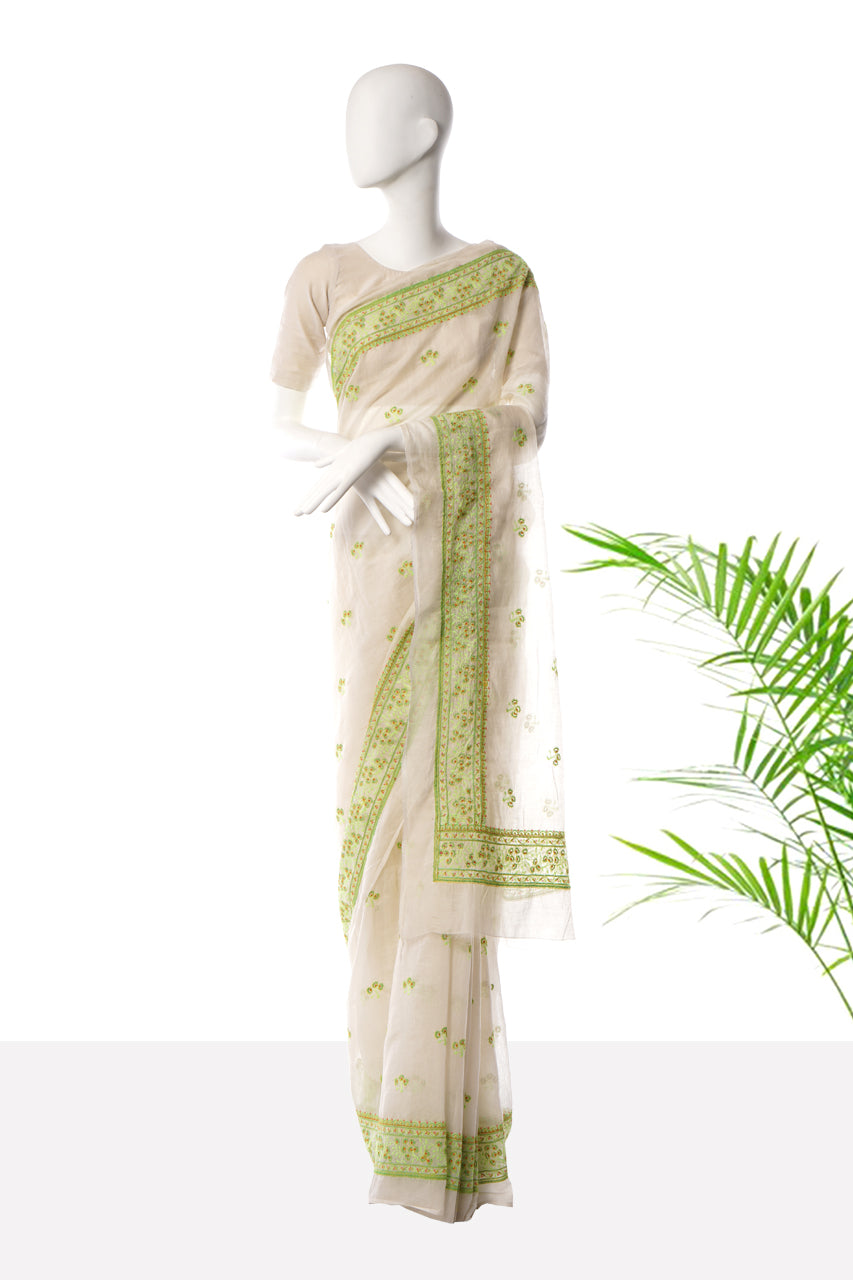 White-Green Color Embroidered Pure Chanderi Saree