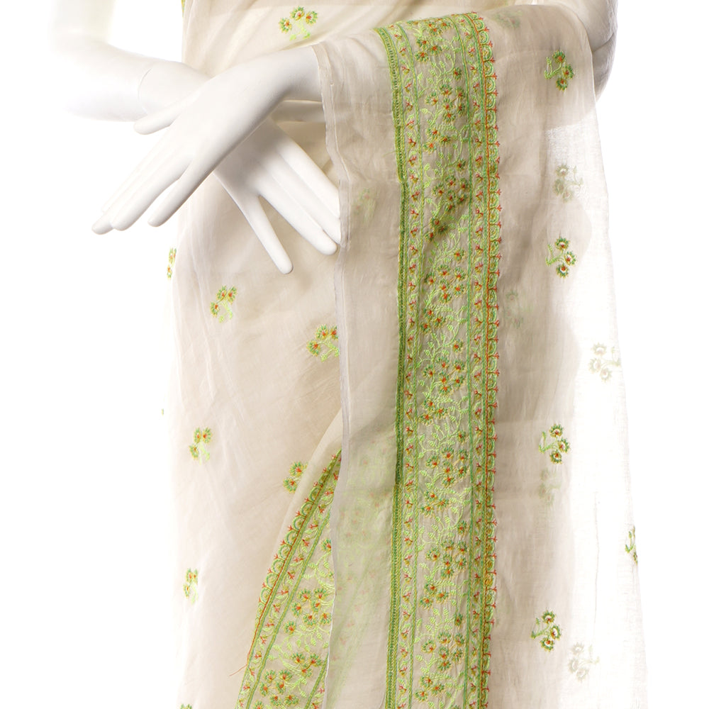White-Green Color Embroidered Pure Chanderi Saree