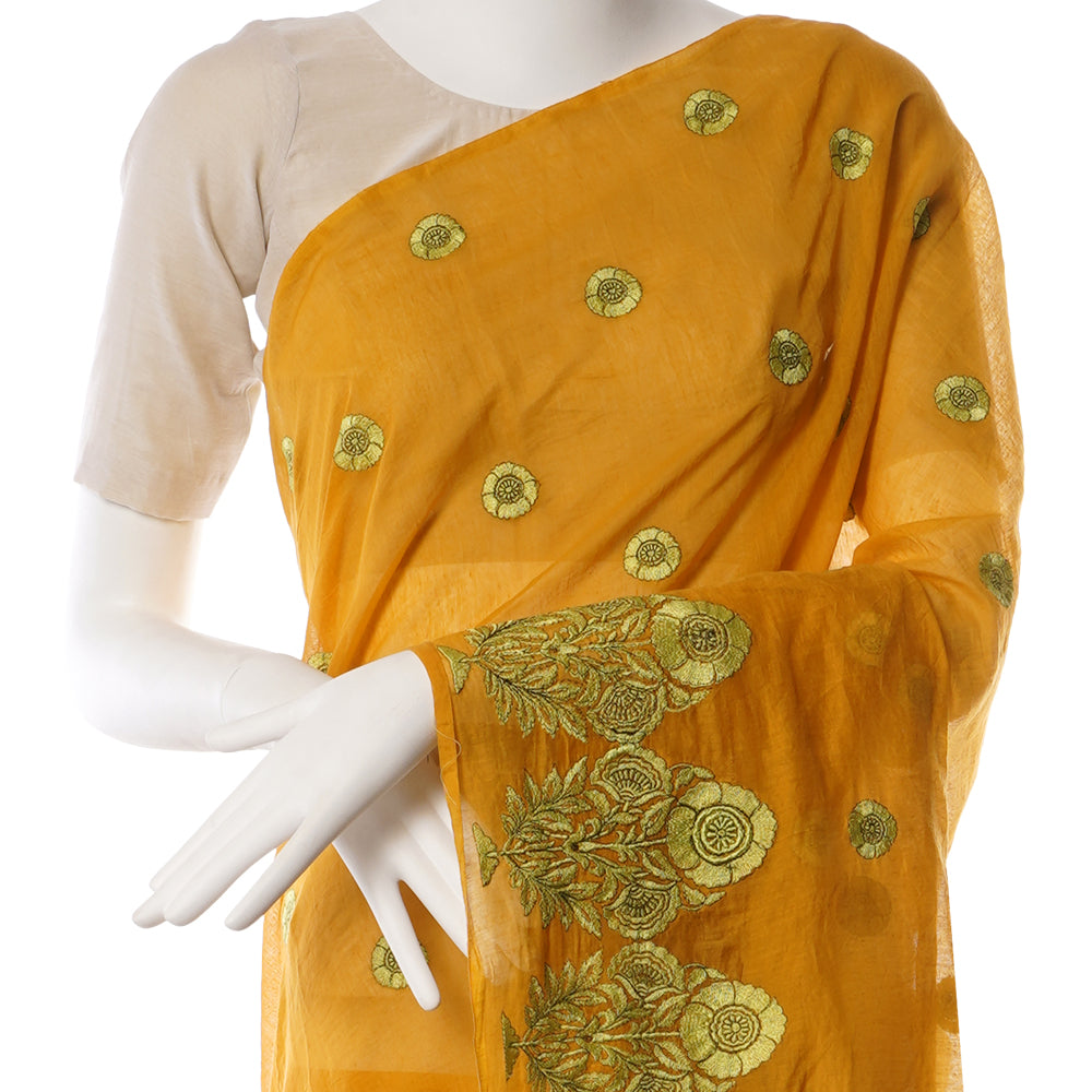 Mustard Color Embroidered Pure Chanderi Saree